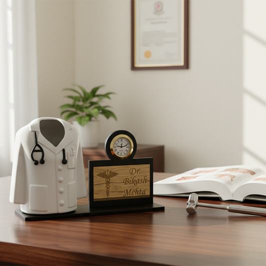 Personalized Doctor Name Plate with White Coat & Clock | Custom Clinic Desk Name Plate