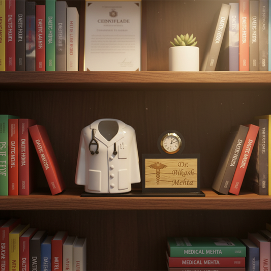 Personalized Doctor Name Plate with White Coat & Clock | Custom Clinic Desk Name Plate